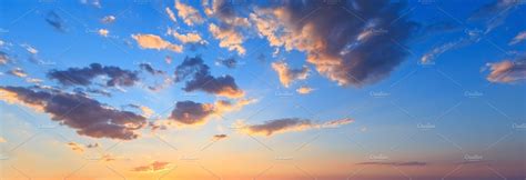 Sunset Sky Panorama With Clouds Containing Blue Dusk And View