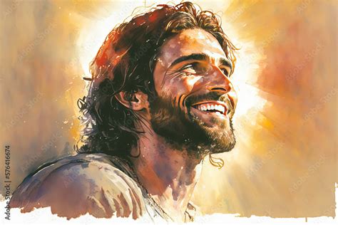 realistic watercolor portrait of jesus christ smiling and illuminated by god christian and