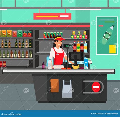 Cashier At Supermarket Checkout Cartoon Vector