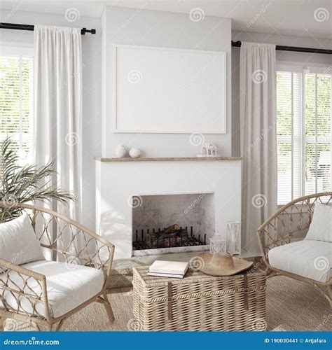 Mockup Frame In Scandinavian Farmhouse Living Room Interior Stock Image