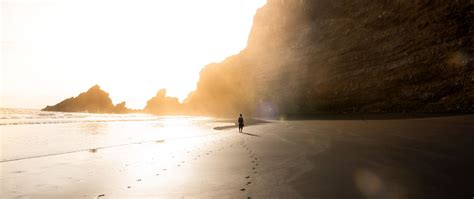 Download Wallpaper 2560x1080 Beach Silhouette Rocks Coast Sunlight