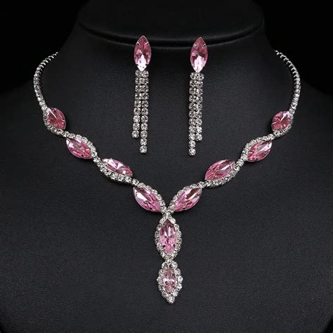 Fashion Leaf Tassel Wedding Jewelry Sets Charm Pink Crystal Choker Necklace Earrings Set Bridal