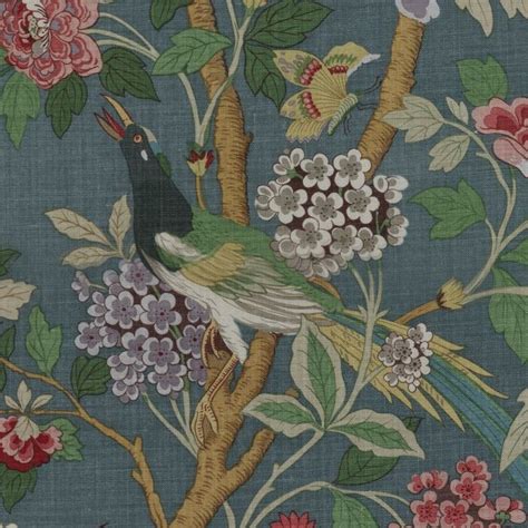 Hydrangea Bird Linen Fabric   Curtain fabric patterns  