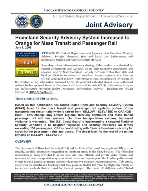 Homeland Security Advisory System Increased To Orange For Mass Transit