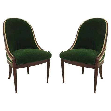 Pair Of French Art Deco Green Velvet Upholstered Mahogany Side Chairs