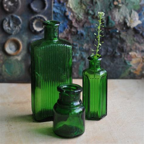 Three Green Antique Medicine Apothecary Bottles