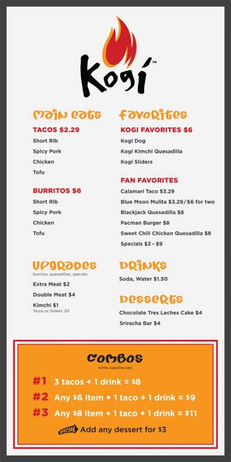 Steak, chicken, al pastor and chorizo. menu_01-08-2012 - Kogi BBQ Taco Truck & Catering | Food ...