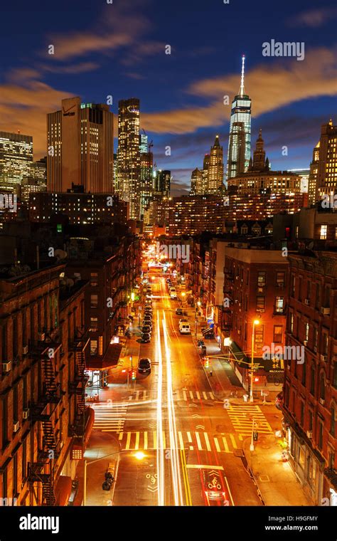 Downtown Manhattan New York City At Night Stock Photo Alamy