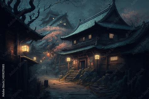 Fantasy Japanese Village At Night Concept Art Digital Illustration