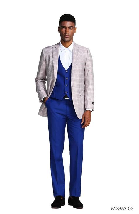 Tazio Mens 3pc Slim Fit Executive Suit Sleek Plaid