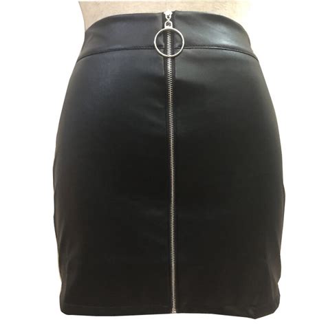 High Waist Pu Leather Skirt Women Slim Front Ring Zipper Pencil