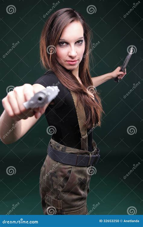 Young Woman Long Hair Gun Knife Stock Photo Image Of Green Human