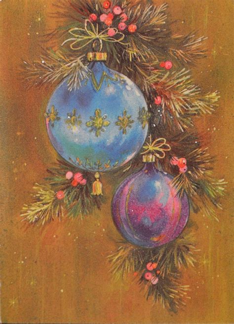 Vtg Unused Glitter Christmas Card Purple Pink Blue Ornament Ornaments
