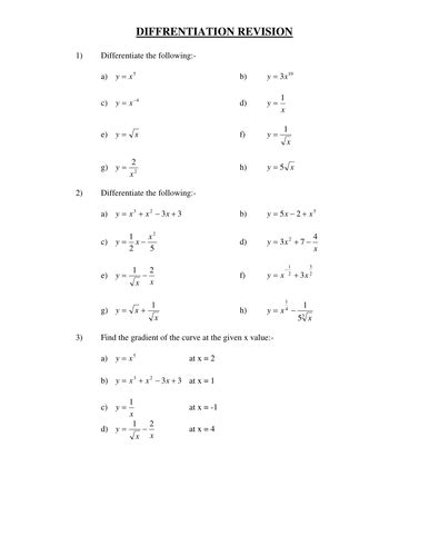 Differentiation average rates of change definition of the derivative instantaneous rates of change. Differentiation Worksheets - CORE 1 Level | Teaching Resources