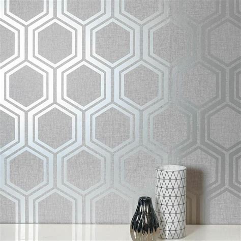 Geometric Hexagon Wallpaper Roll Ash Gray Silver Metallic Etsy