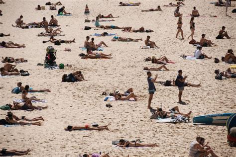 Crowded Beach In Hot Summer Day Bondi Beach Sydney Australia Stock