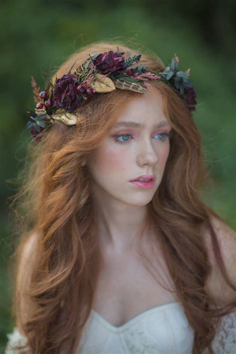 Autumn Flower Hair Wreath Burgundy Headpiece Fall Wedding Accessories Boho Wedding Hair Crown