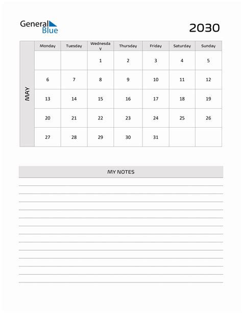 May 2030 Printable Monthly Calendar With Notes