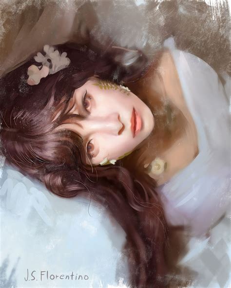 A Digital Painting Of A Woman With Long Brown Hair Laying On Top Of A Bed