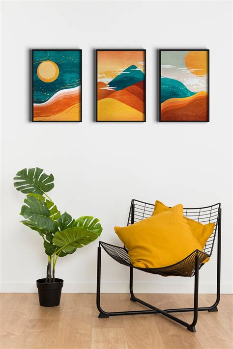Colorful Wall Art Sun And Mountain Abstract Print Set Of 3 Etsy