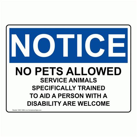Osha Notice No Pets Service Animals Allowed Sign One 13894 Osha Signs