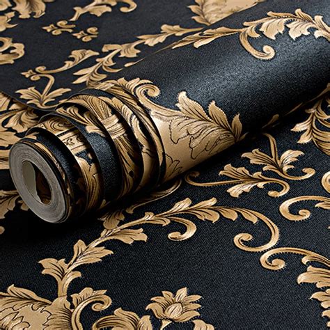 High Grade Black Gold Luxury Embossed Texture Metallic 3d Damask