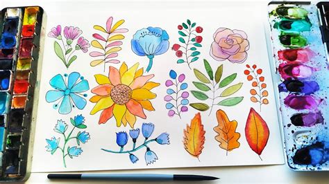 15 Easy Watercolor Floral Doodles Flowers And Leaves Painting For