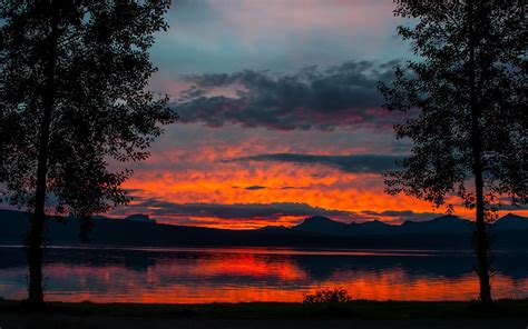 Dusk Landscape Lake Trees Mountains Sunset Twilight Wallpaper