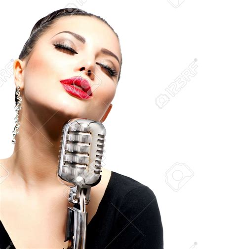 Singing Woman With Retro Microphone Isolated On White Music