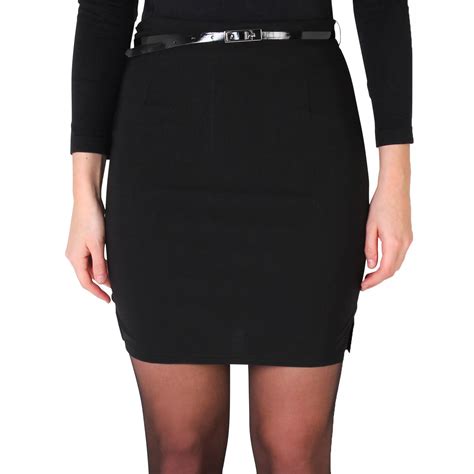 womens belted fitted stretch pencil short mini skirt formal business evening ebay