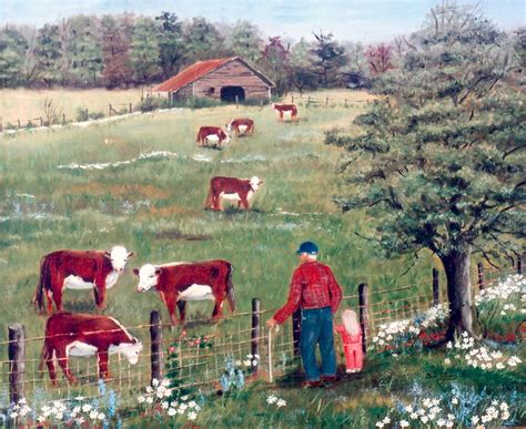 Oil Painting Print Country Scene Cows Pasture Barn Fence Red