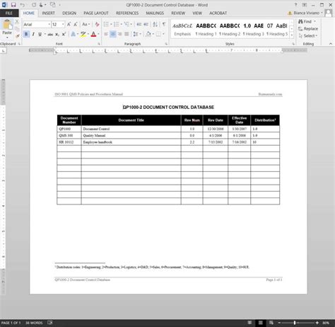 Document Control Register Excel Template Master Template