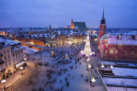 Poland Warsaw View To Castle Square With Lighted Christmas Tree At