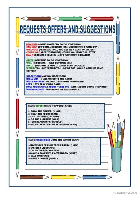 REQUESTS OFFERS AND SUGGESTIONS English ESL Worksheets Pdf Doc