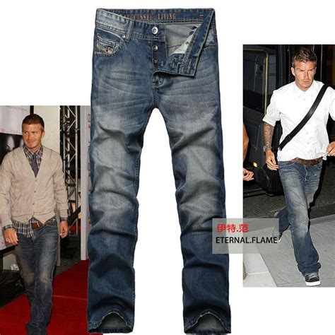Famous Brand David Beckham Men Jeans Blue Color Bleached Skinny Jeans