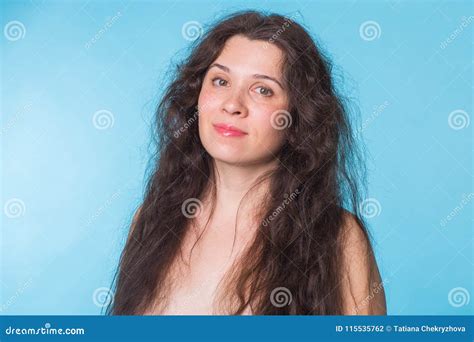Portrait Of Sensual Nude Woman With Curly Hair On Blue Background Stock Photo Image Of Model