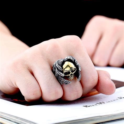 lmikni vintage men s stainless steel gothic ring punk hiphop cross feather skull rings for men