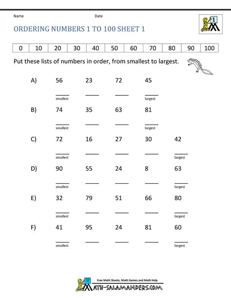 Basic Math Worksheets Ordering Numbers To 100