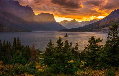 Lake Mountains Forest Trees Sunset Sky Clouds Wallpapers Hd