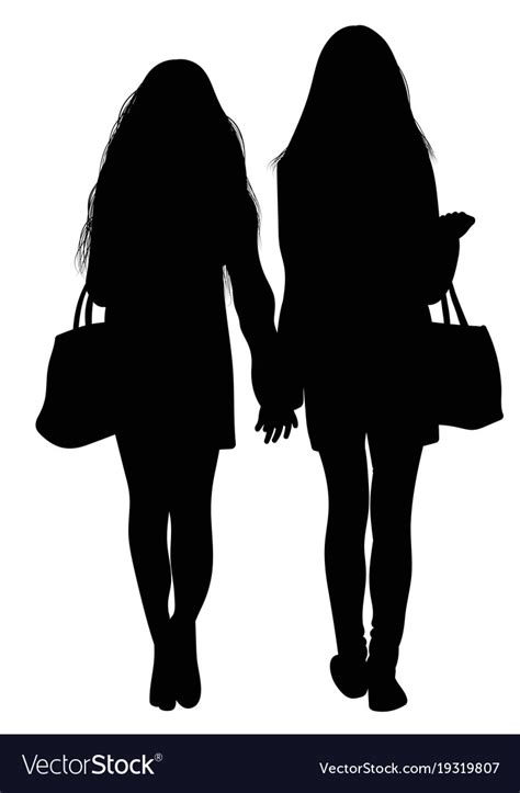 Silhouette Of Two Walking Girls Holding Hands Vector Image
