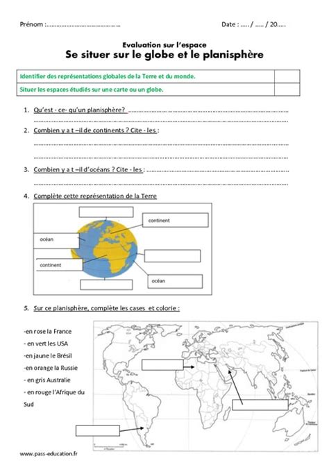 Se Situer Sur Le Globe Et Le Planisphère Ce2 Evaluation Pass