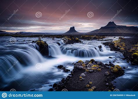 Landscape With Sunrise At Famous Kirkjufellsfoss Waterfall And