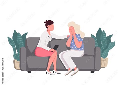 Women Sitting On Couch Flat Color Vector Faceless Characters Talk Show Psychologist Counseling