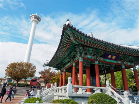 Busan Tower And Statue Of Yi Sun Sin At Yongdusan Park Editorial Photo