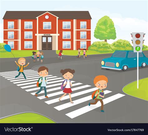 School Children Cross Road On Pedestrian Crossing Vector Image