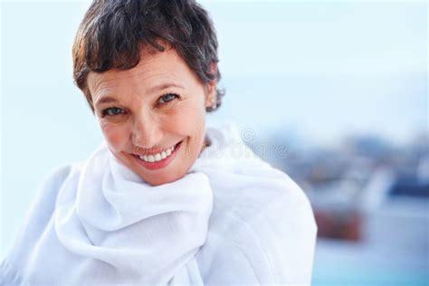 Woman Having Fun Outdoors Portrait Of Beautiful Mature Woman Having Fun Outdoors Stock Image