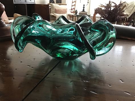 Vintage Murano Emerald Green Art Glass Bowl Etsy