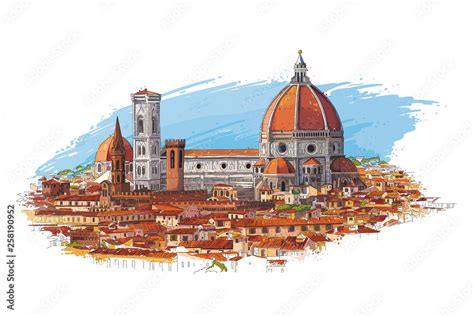 Florence Italy Cityscape With Dome And Old Quarters Hand Drawn Sketch