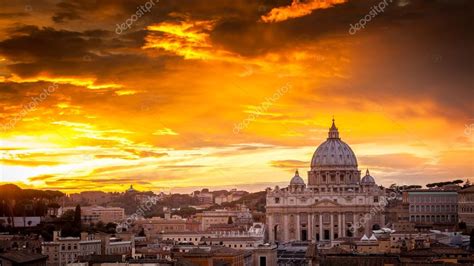 Basilica Of St Peter At Sunset With The Vatican In The Backgrou Stock