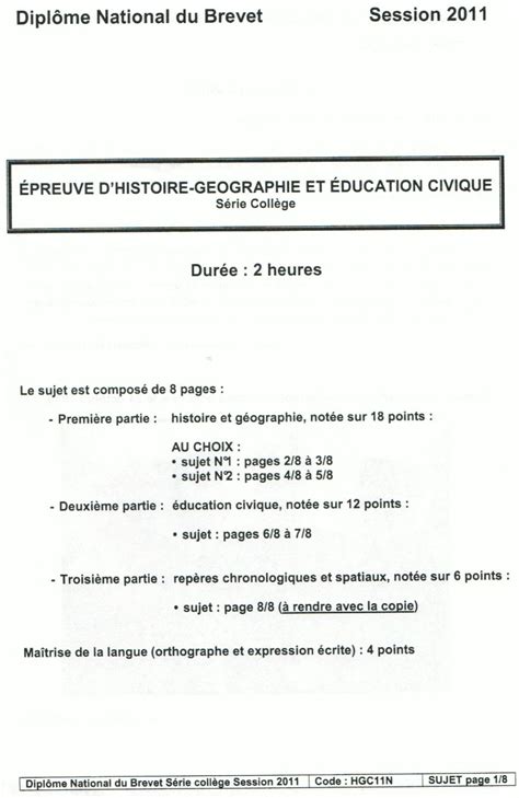 Sujet Brevet Blanc 2014 Histoire Géographie Education Civique Aperçu